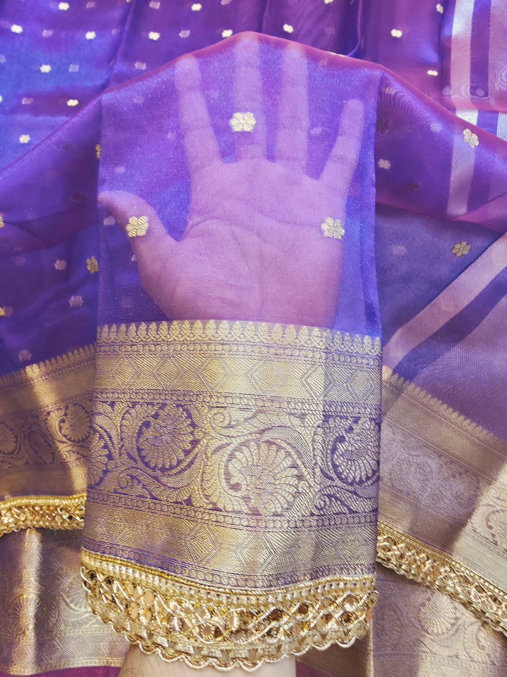 Banarasi Tissue Saree with All-Over Zari Buti & Lace Border