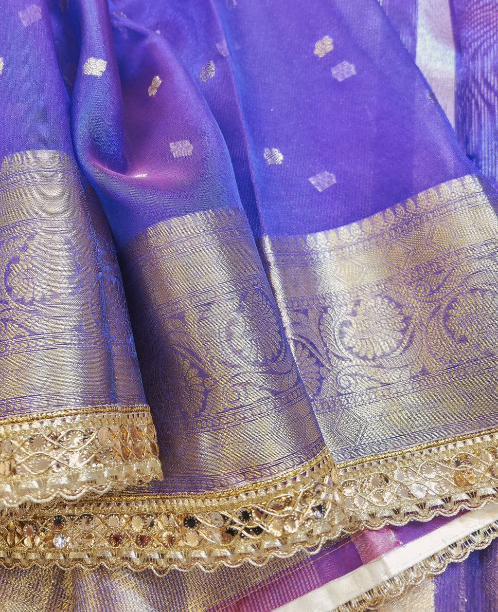 Banarasi Tissue Saree with All-Over Zari Buti & Lace Border