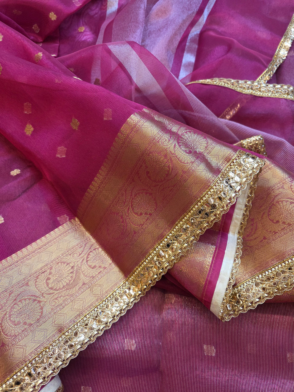 Banarasi Tissue Saree with All-Over Zari Buti & Lace Border