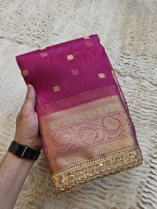 Banarasi Tissue Saree with All-Over Zari Buti & Lace Border