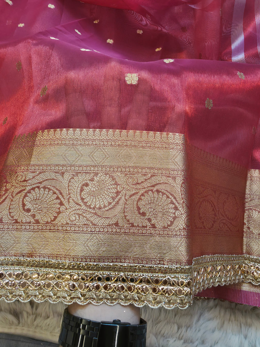 Banarasi Tissue Saree with All-Over Zari Buti & Lace Border