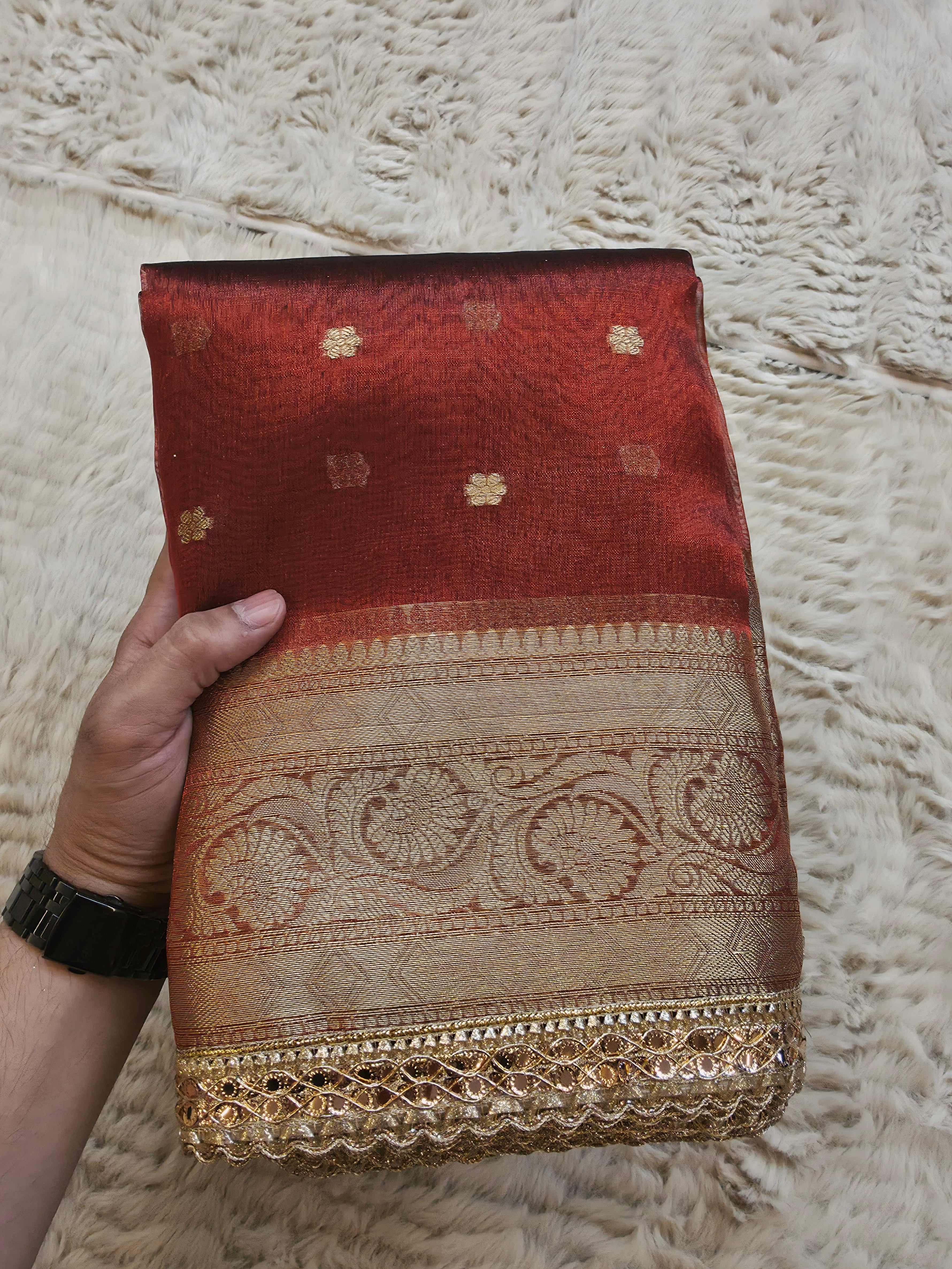 Banarasi Tissue Saree with All-Over Zari Buti & Lace Border
