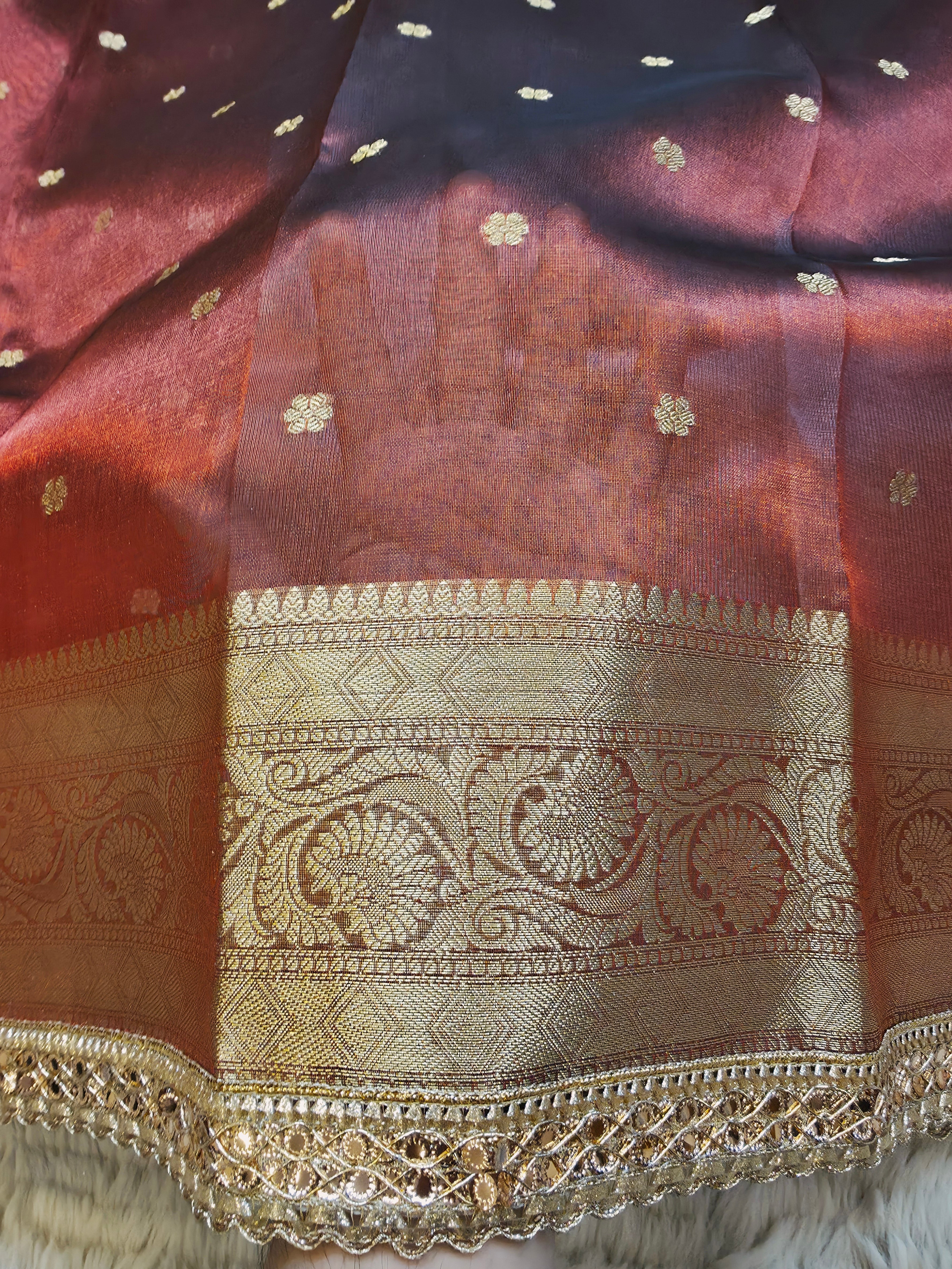 Banarasi Tissue Saree with All-Over Zari Buti & Lace Border