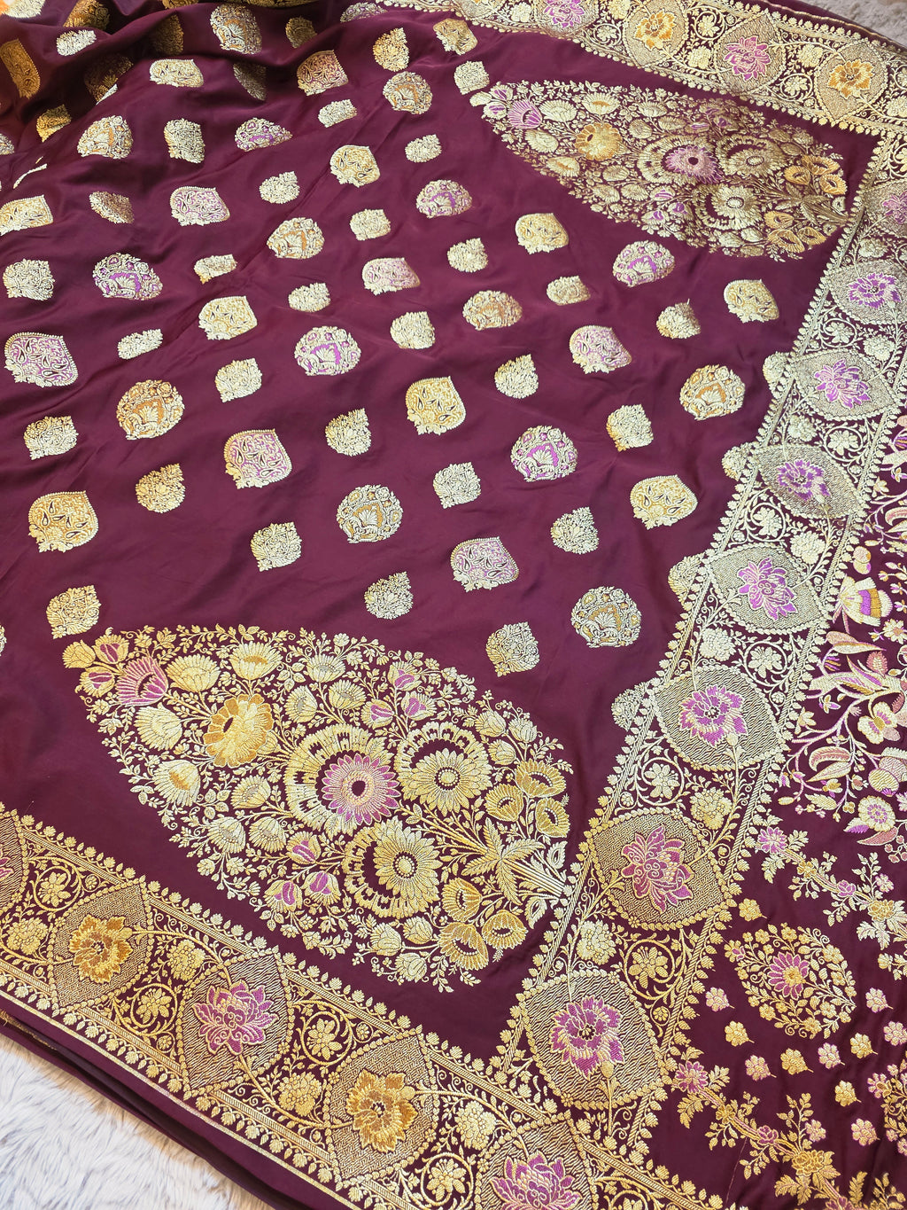 Wine Purple Banarasi Mashru Katan Silk Saree – Bridal Zari Weave