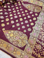 Wine Purple Banarasi Mashru Katan Silk Saree – Bridal Zari Weave