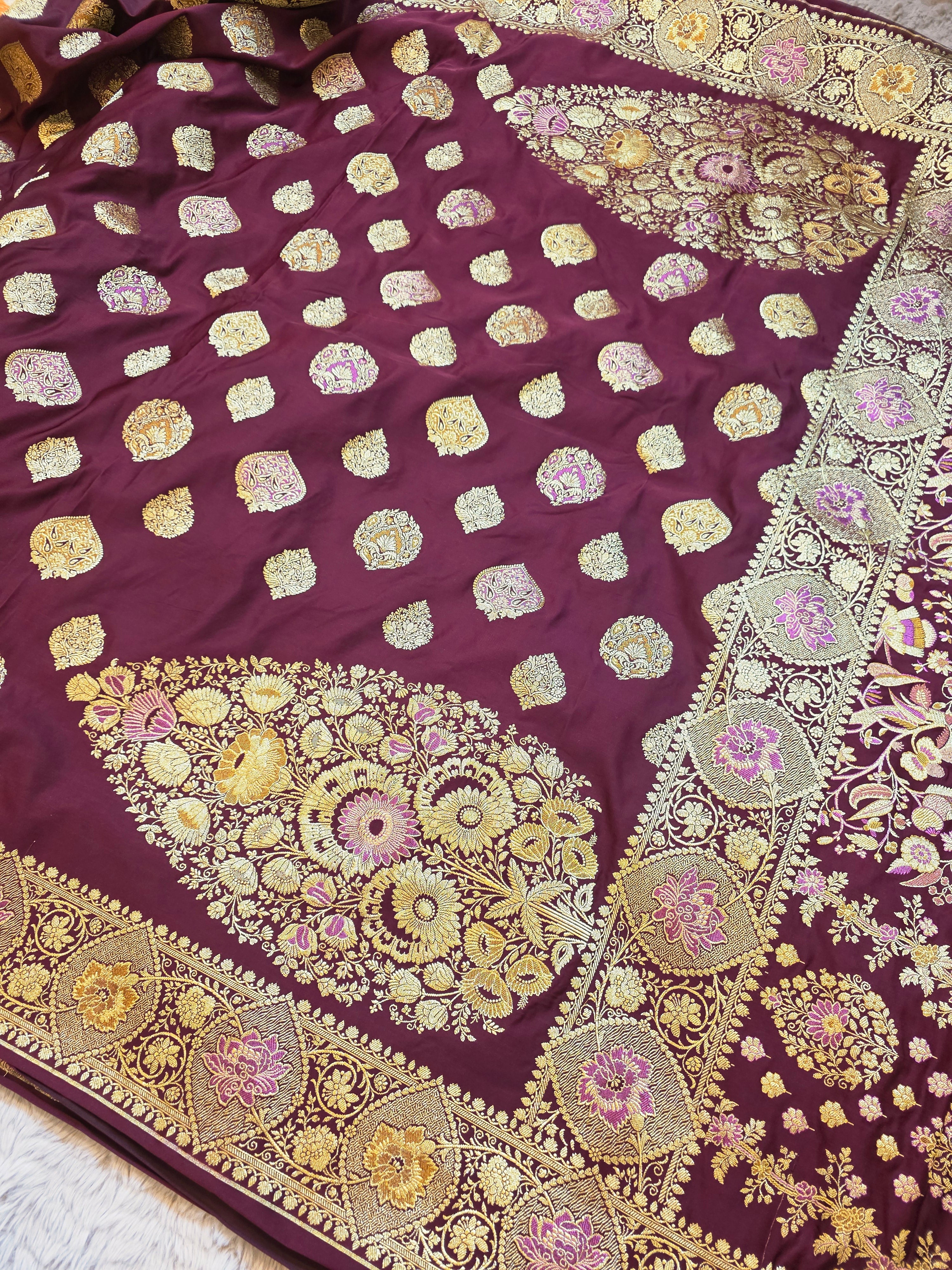 Wine Purple Banarasi Mashru Katan Silk Saree – Bridal Zari Weave