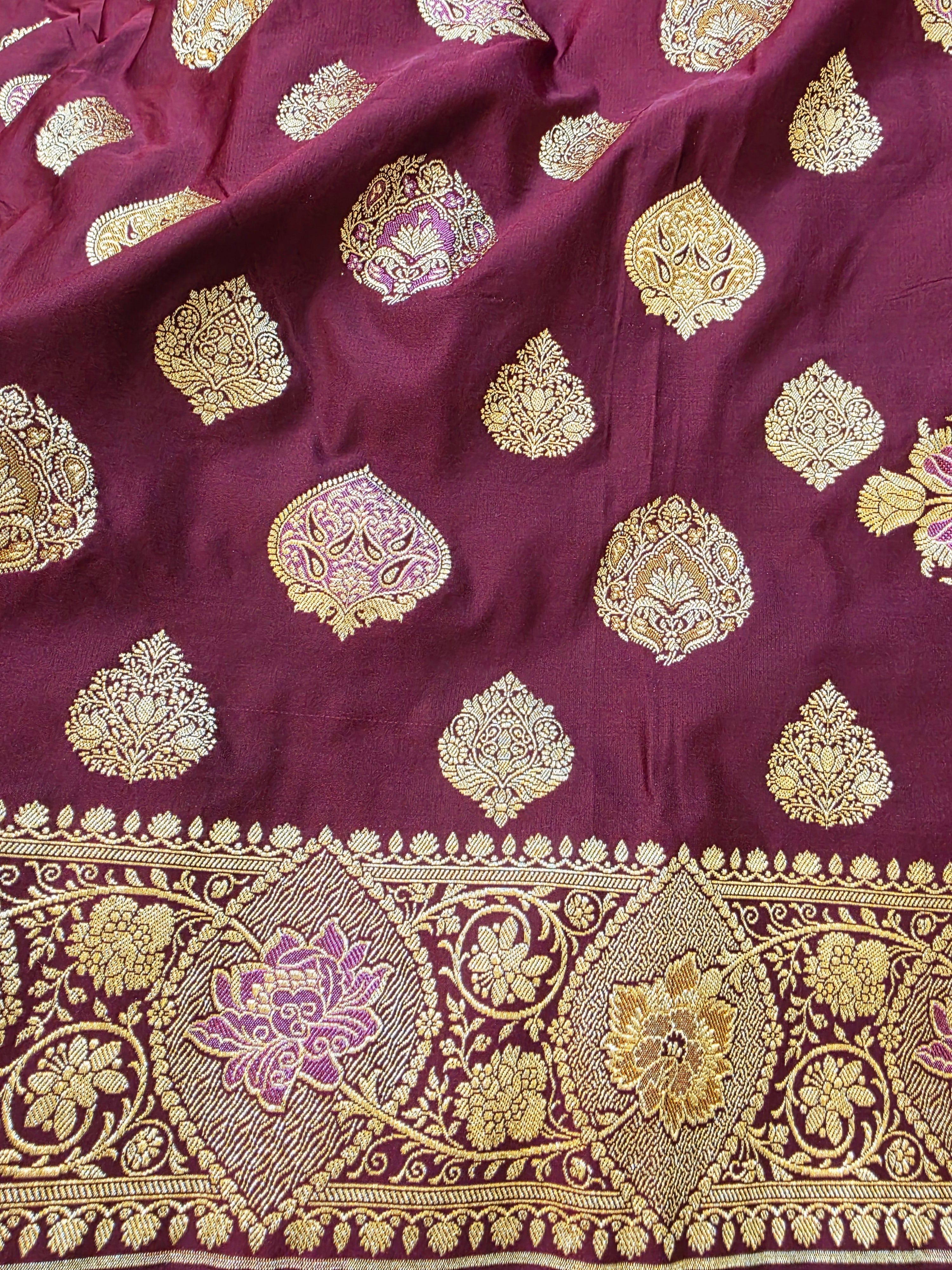 Wine Purple Banarasi Mashru Katan Silk Saree – Bridal Zari Weave