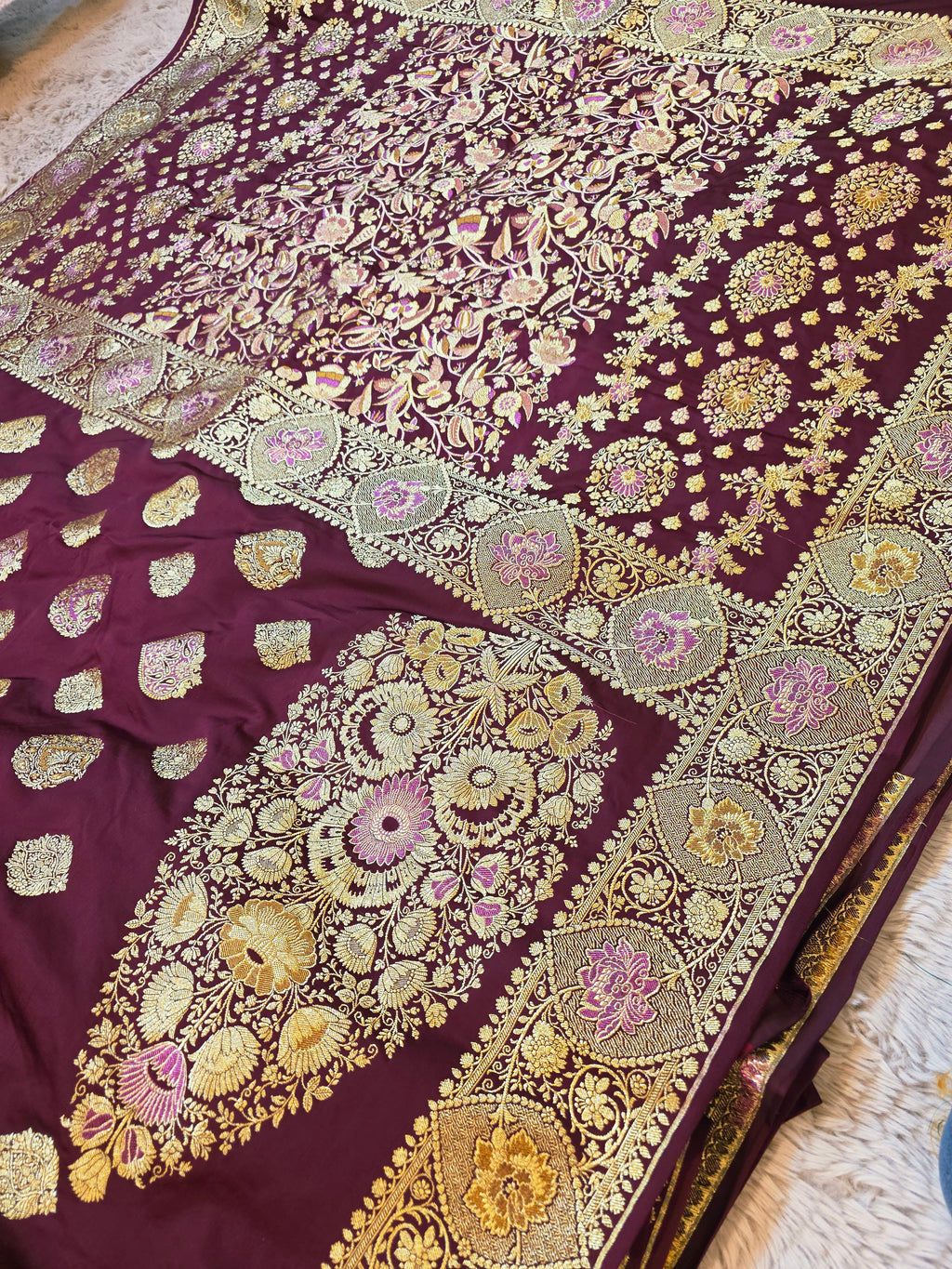 Wine Purple Banarasi Mashru Katan Silk Saree – Bridal Zari Weave