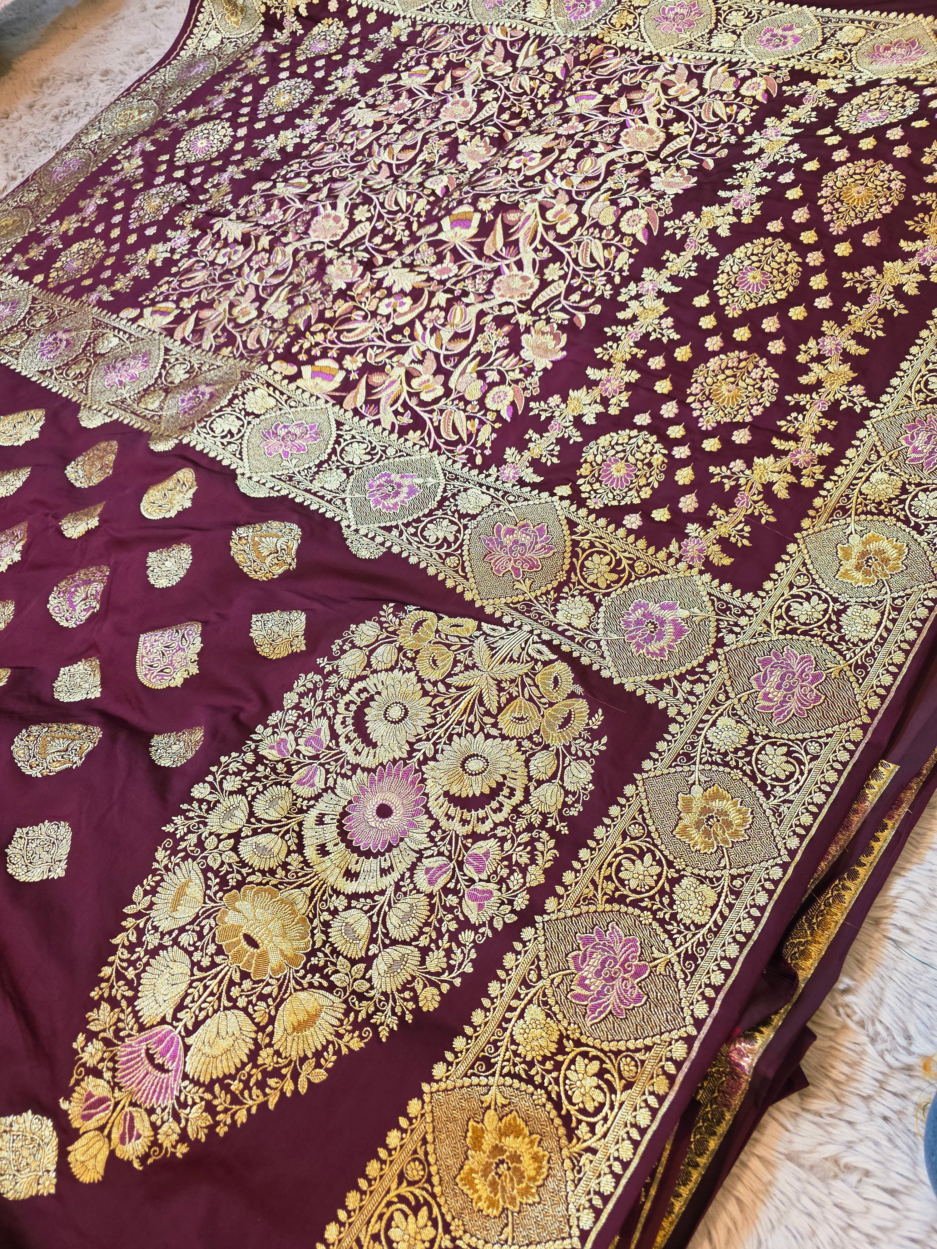 Wine Purple Banarasi Mashru Katan Silk Saree – Bridal Zari Weave