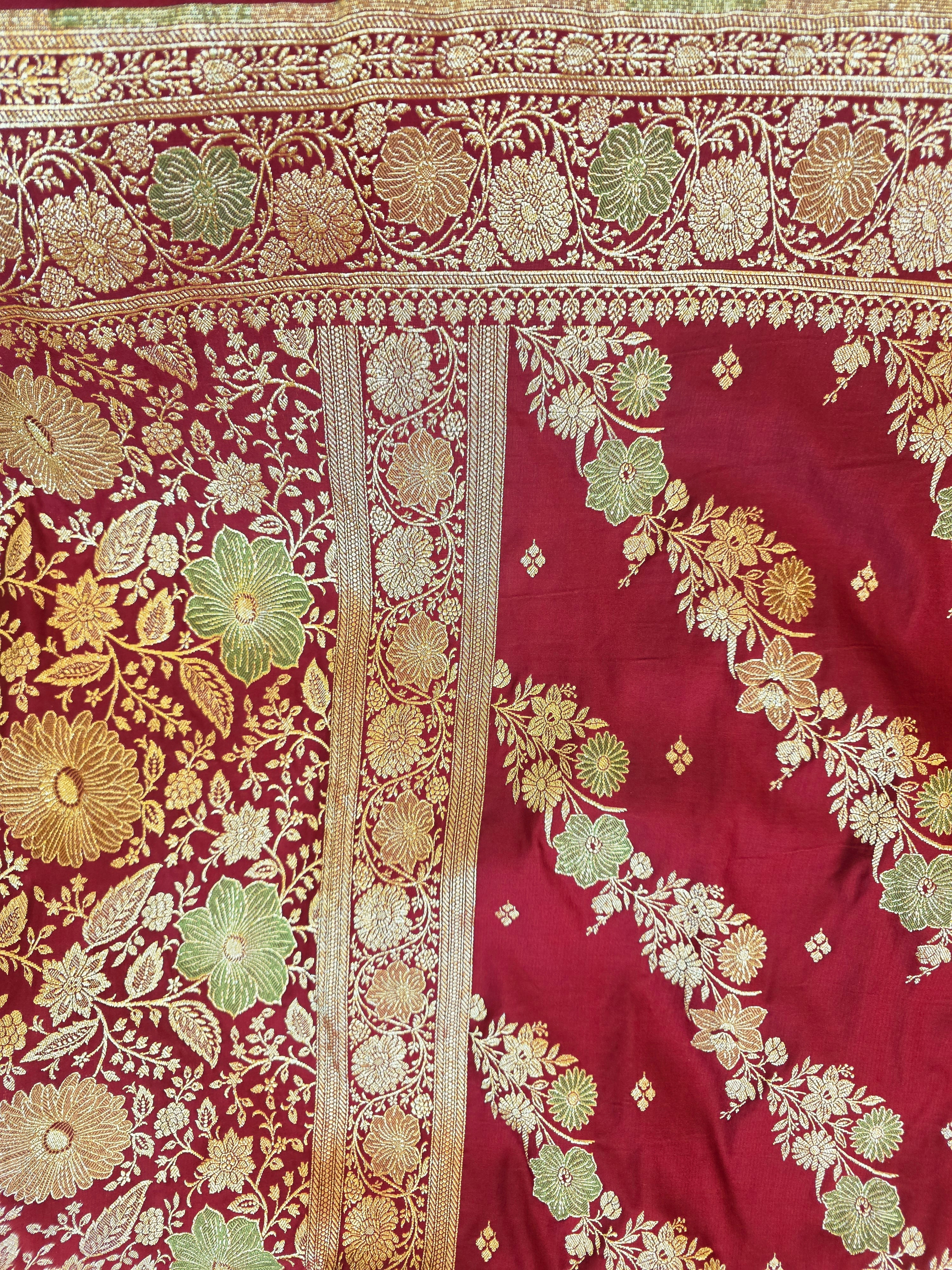 Maroon Banarasi Mashru Katan Silk Saree – Bridal Zari Weave