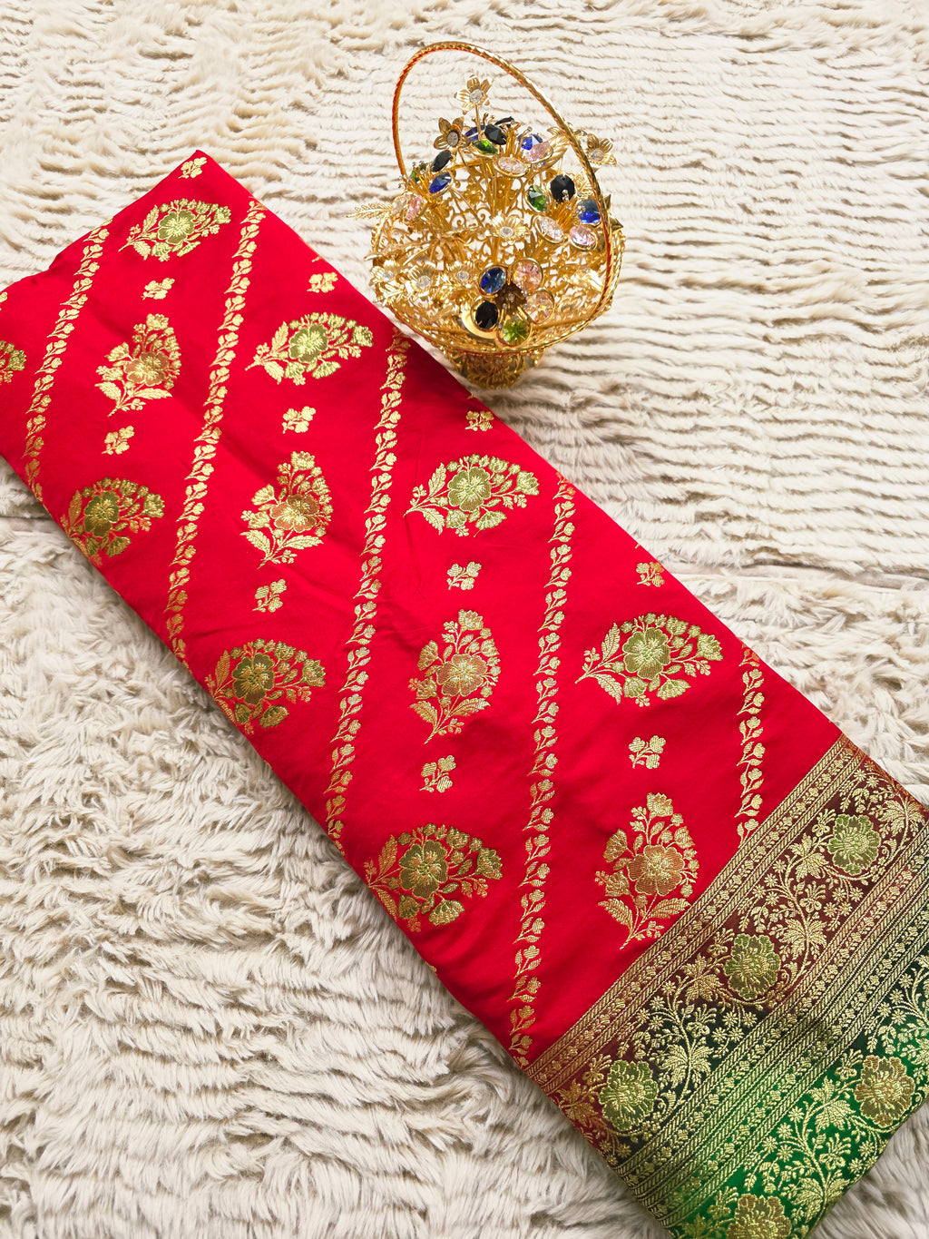 Scarlet Bloom – Red & Green Banarasi Mashru Katan Silk Saree