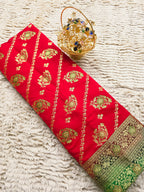 Scarlet Bloom – Red & Green Banarasi Mashru Katan Silk Saree