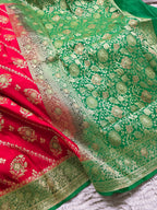 Scarlet Bloom – Red & Green Banarasi Mashru Katan Silk Saree