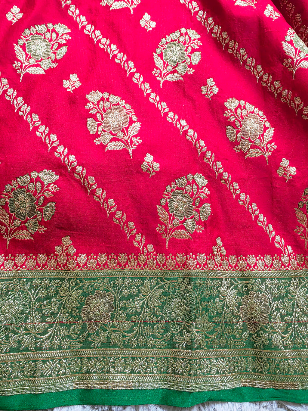 Scarlet Bloom – Red & Green Banarasi Mashru Katan Silk Saree