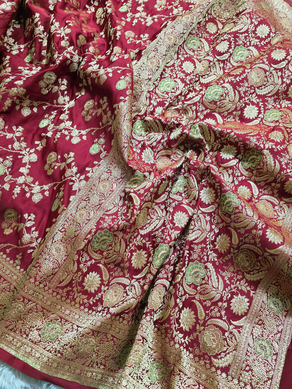Gulzar – Maroon Banarasi Mashru Katan Silk Saree with Floral Jaal