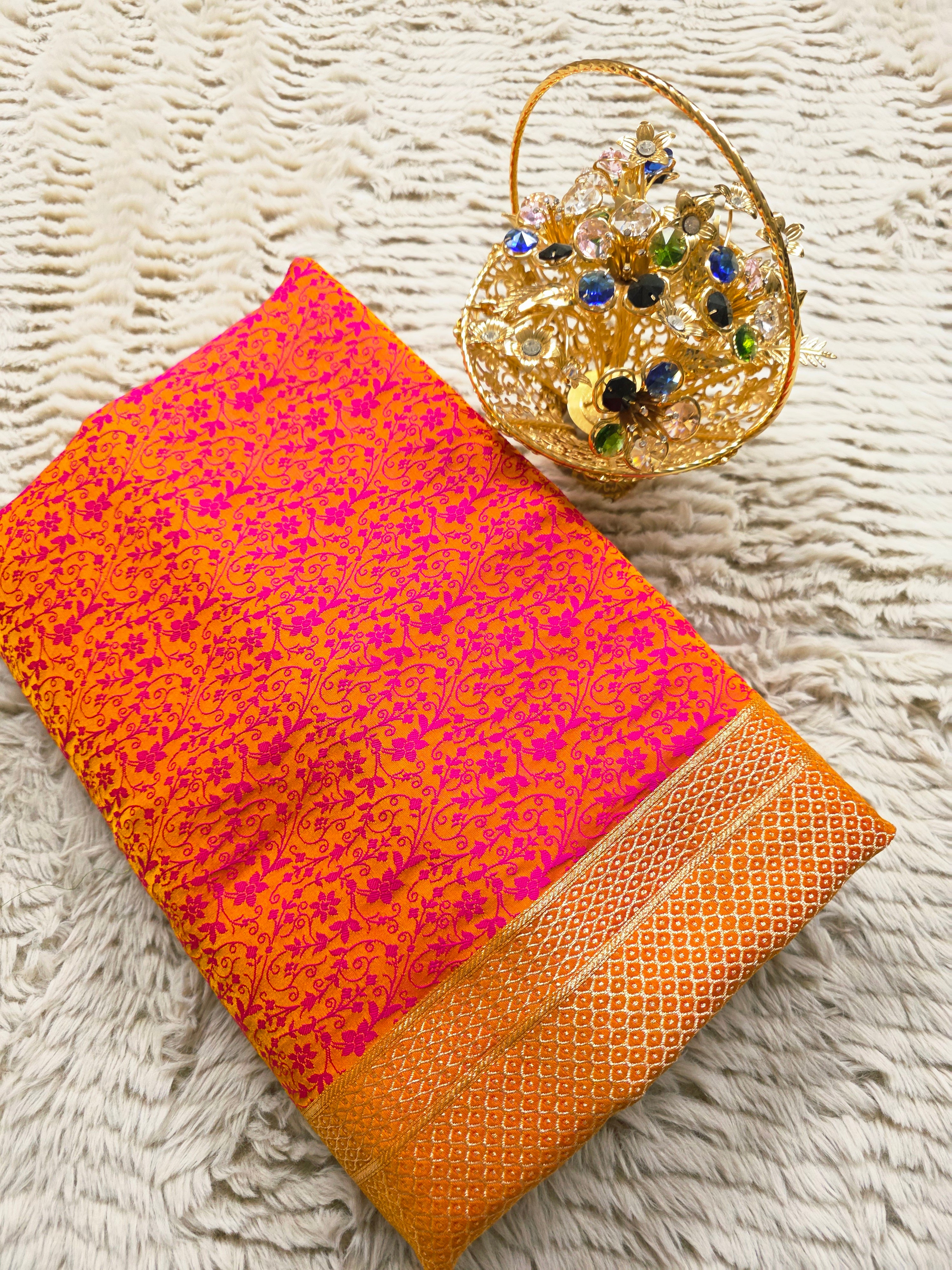Sunset Blush – Orange & Pink Banarasi Mashru Tanchoi Silk Saree
