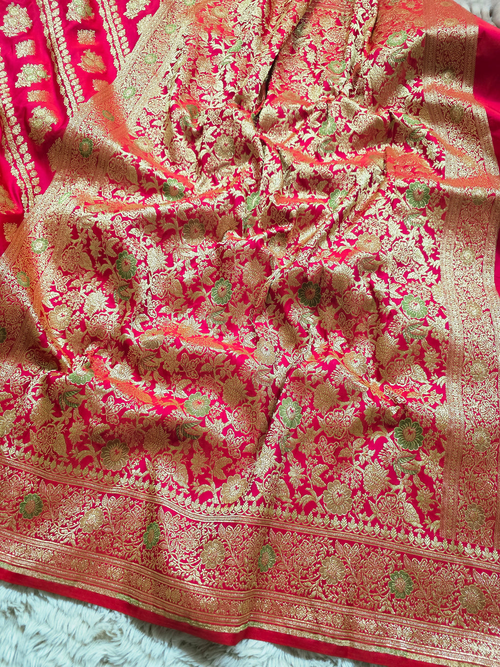 Rani Rose – Pink-Red Banarasi Mashru Katan Silk Saree