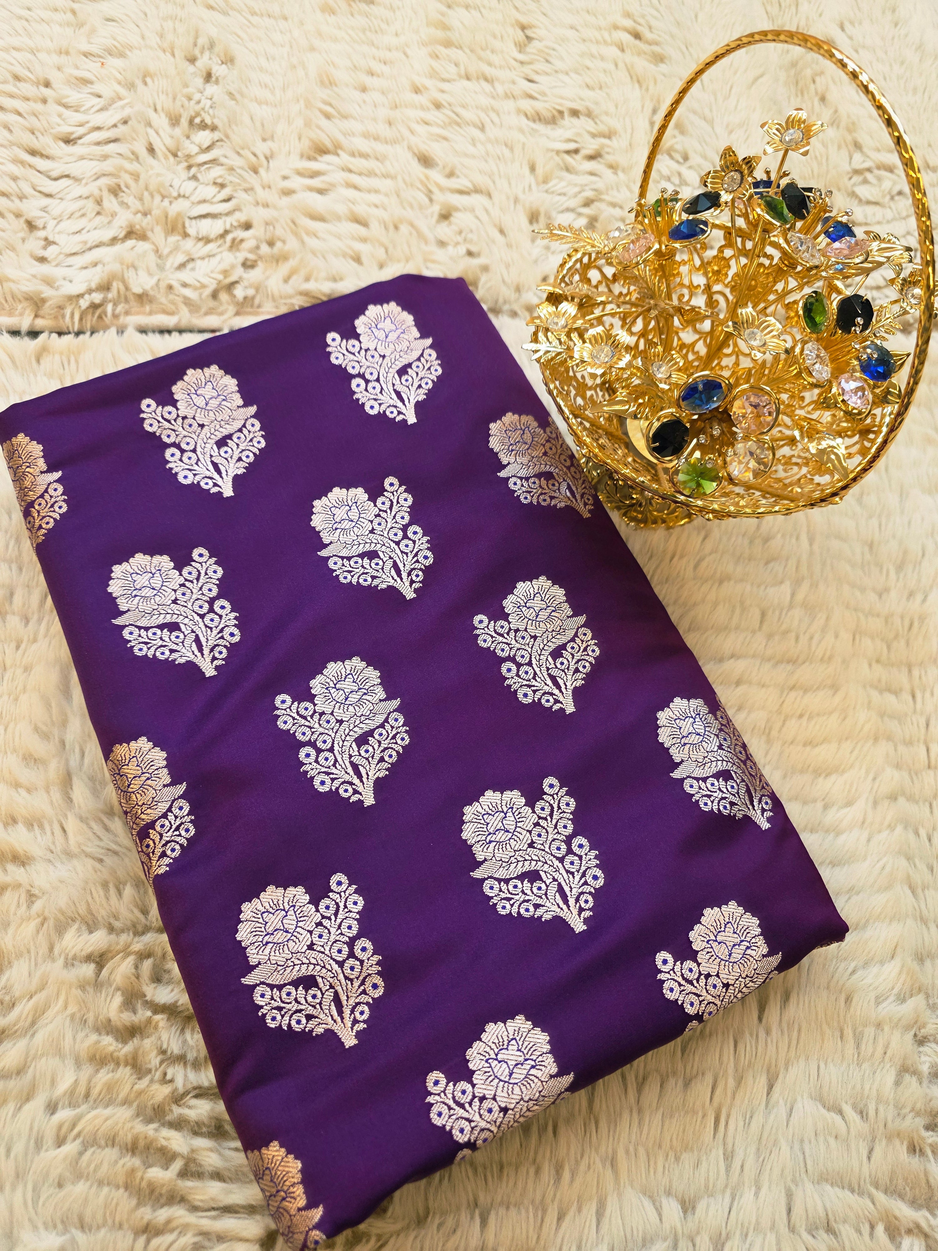 Royal Purple Banarasi Mashru Katan Silk Suit Set | Gold Paisley Booti
