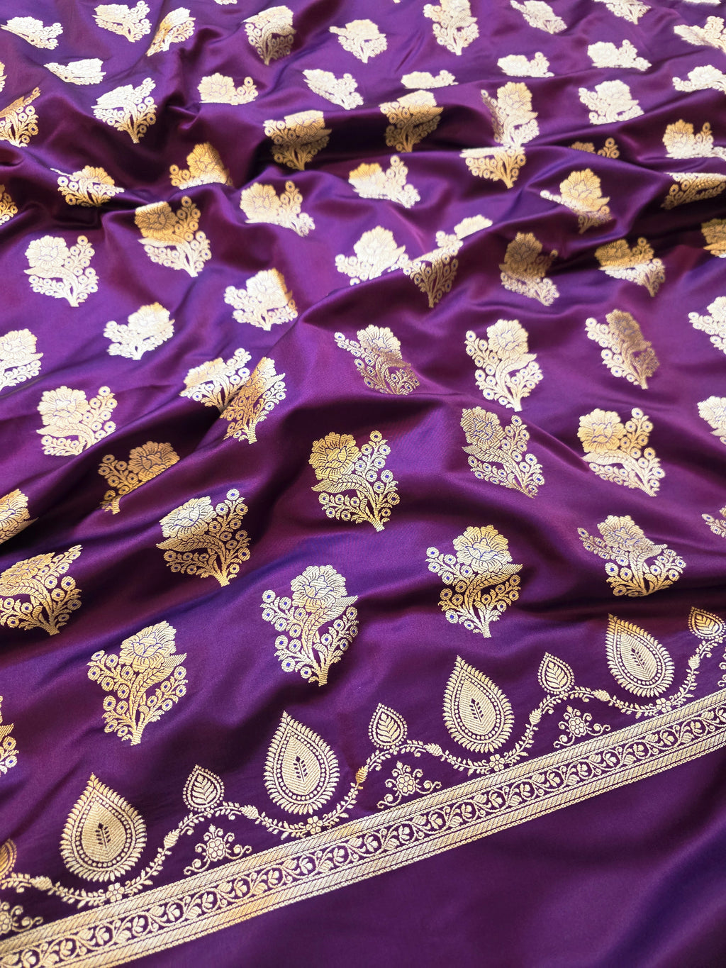 Royal Purple Banarasi Mashru Katan Silk Suit Set | Gold Paisley Booti