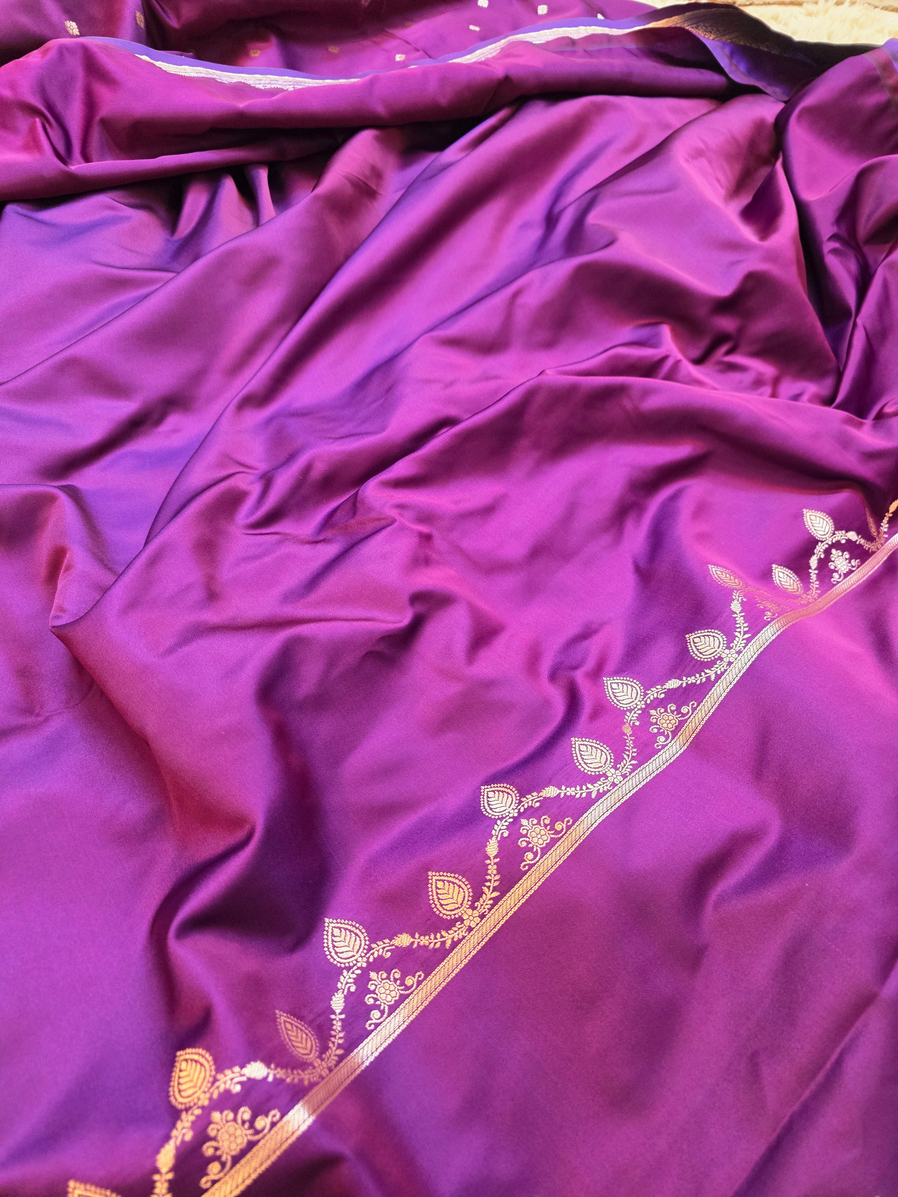 Royal Purple Banarasi Mashru Katan Silk Suit Set | Gold Paisley Booti