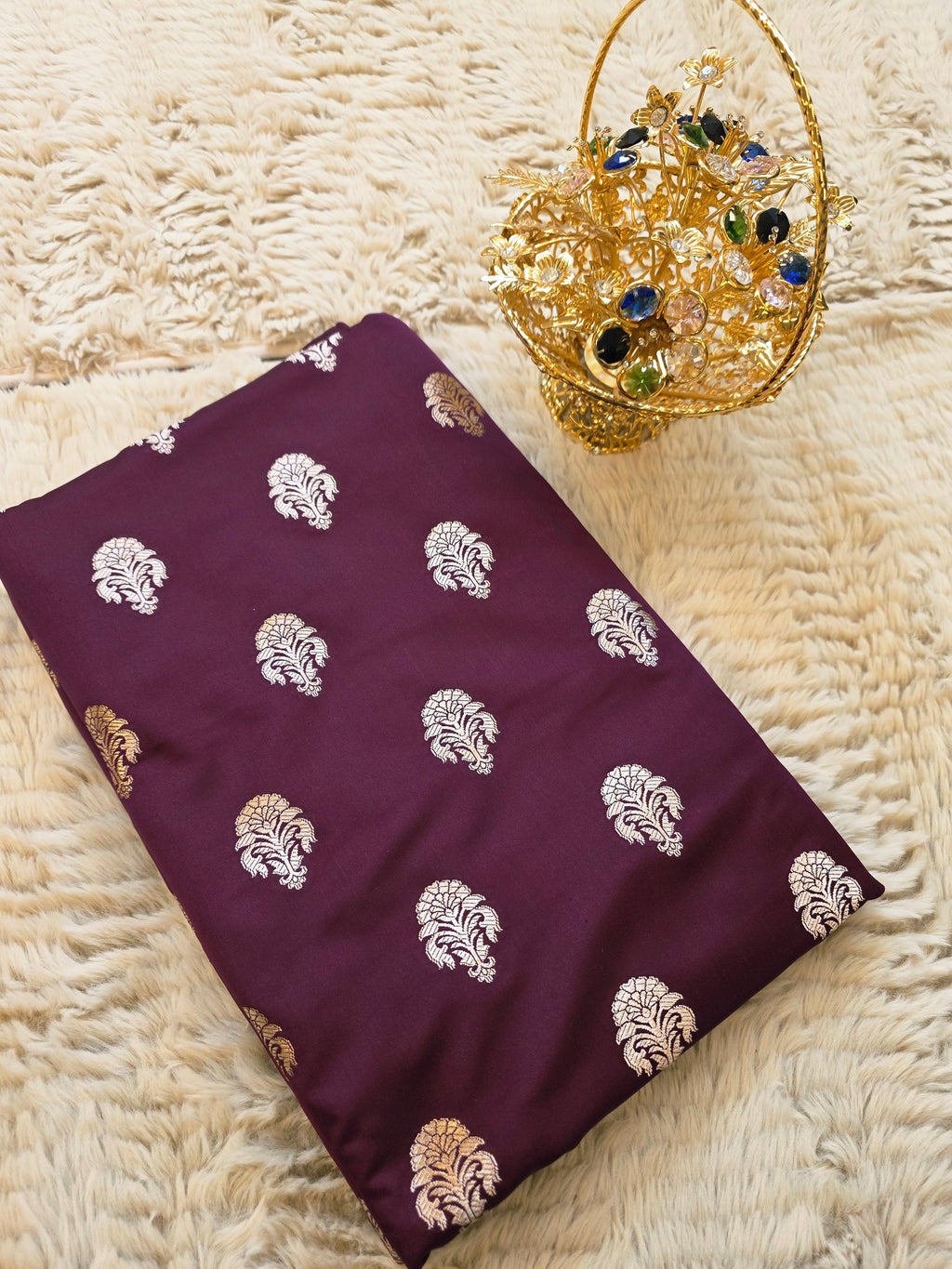 Banarasi Mashru Katan Silk Suit Set | Silver Paisley Booti
