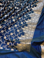 Royal Navy Banarasi Mashru Katan Silk Suit Set | Silver Floral Jaal