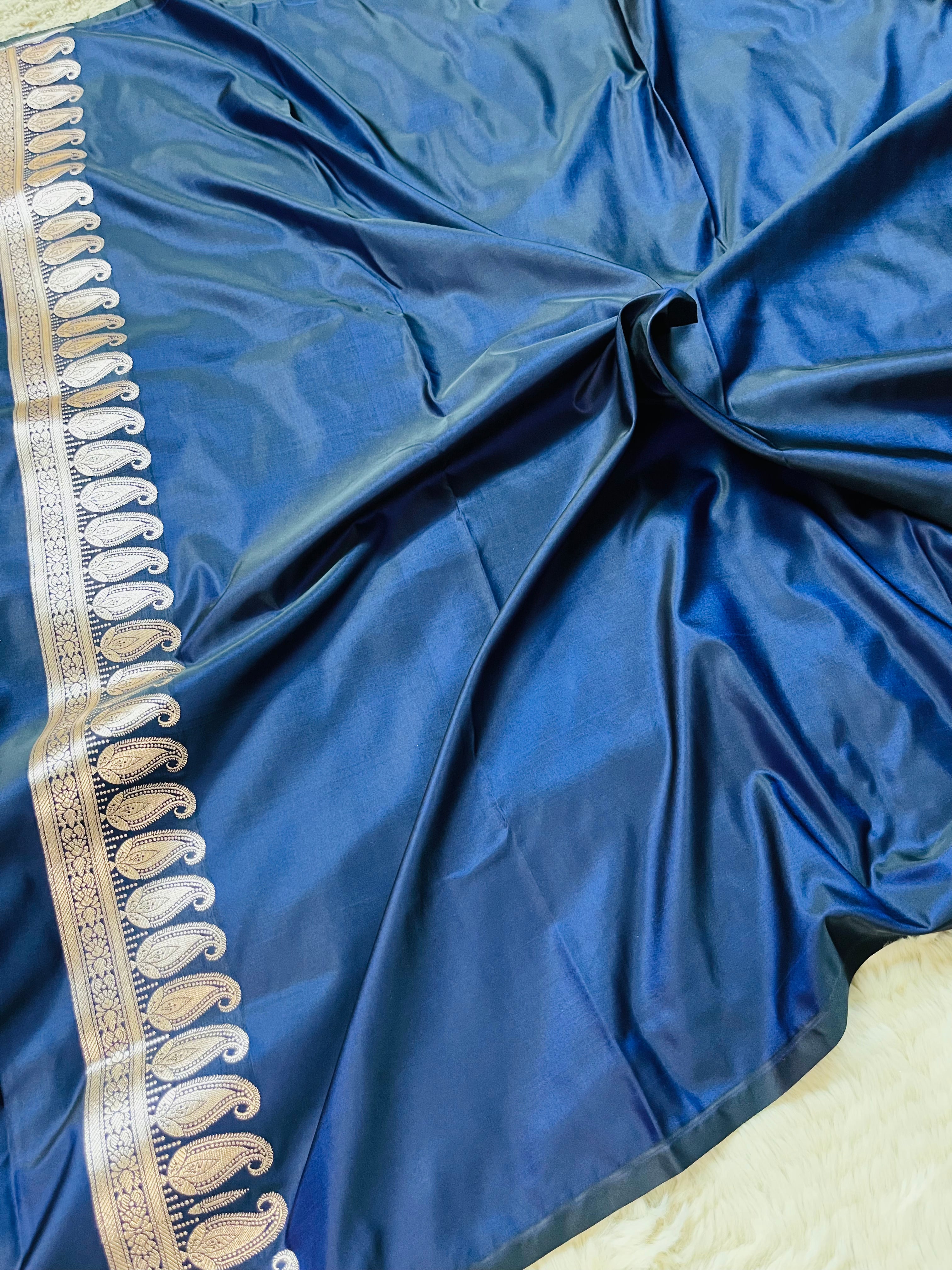 Royal Navy Banarasi Mashru Katan Silk Suit Set | Silver Floral Jaal