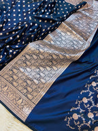 Royal Navy Banarasi Mashru Katan Silk Suit Set | Silver Floral Jaal