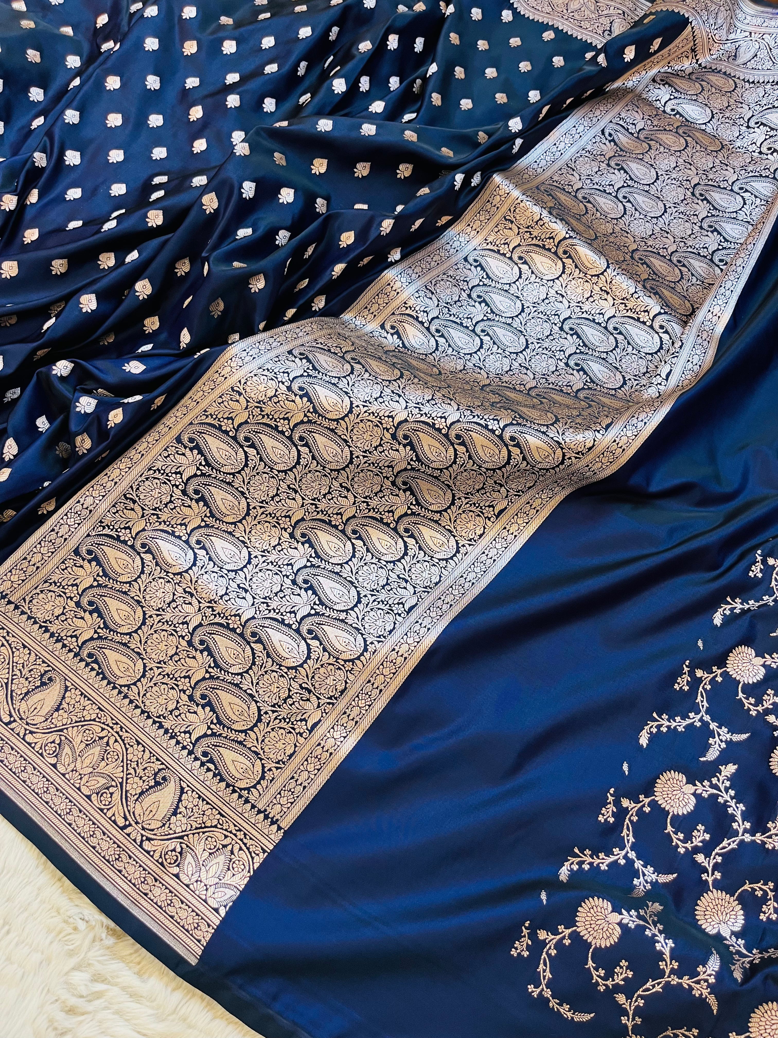 Royal Navy Banarasi Mashru Katan Silk Suit Set | Silver Floral Jaal