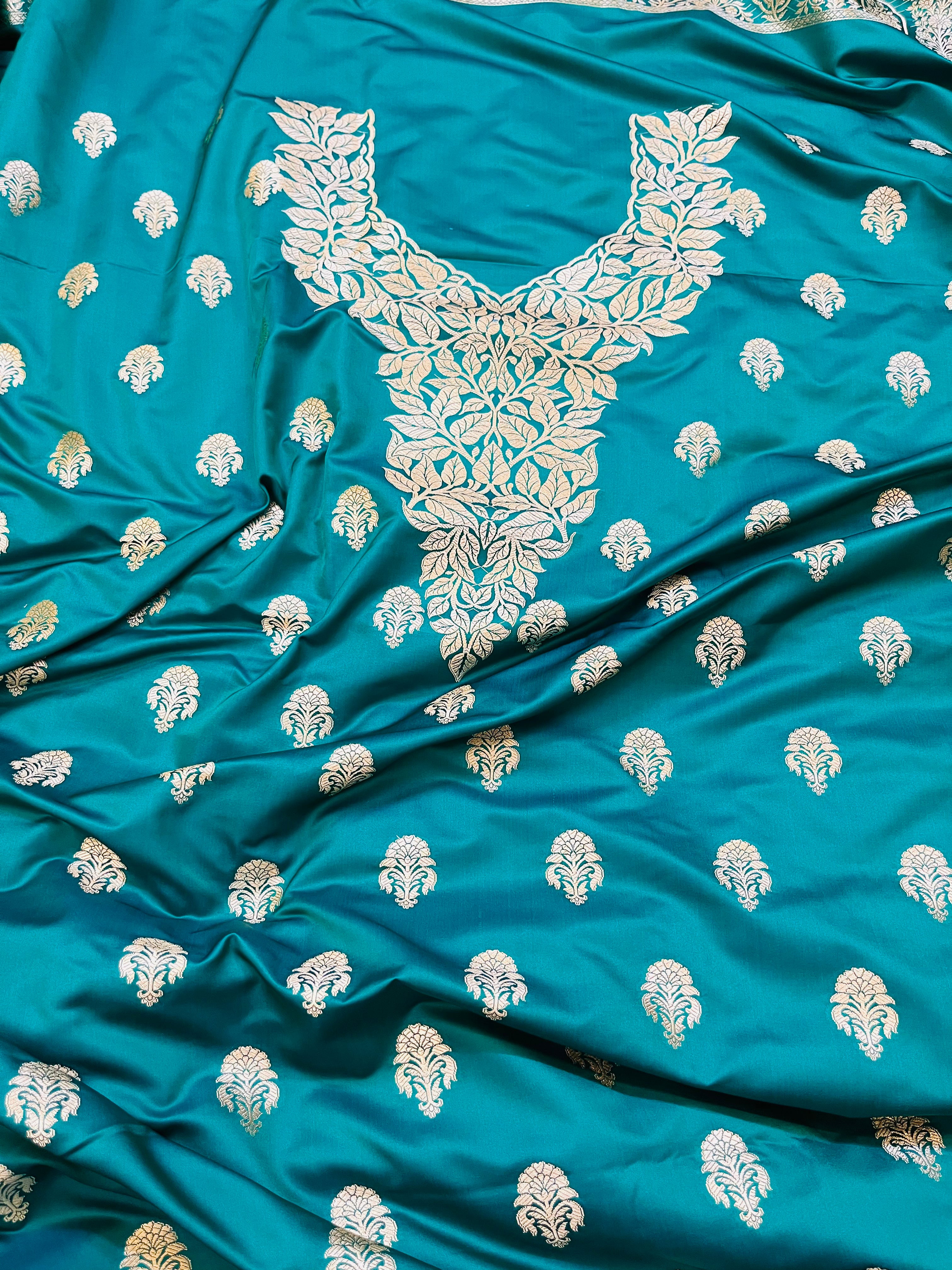 Banarasi Mashru Katan Silk Suit Set | Silver Paisley Booti