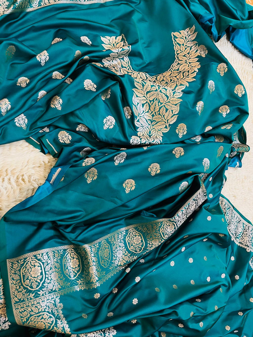 Banarasi Mashru Katan Silk Suit Set | Silver Paisley Booti
