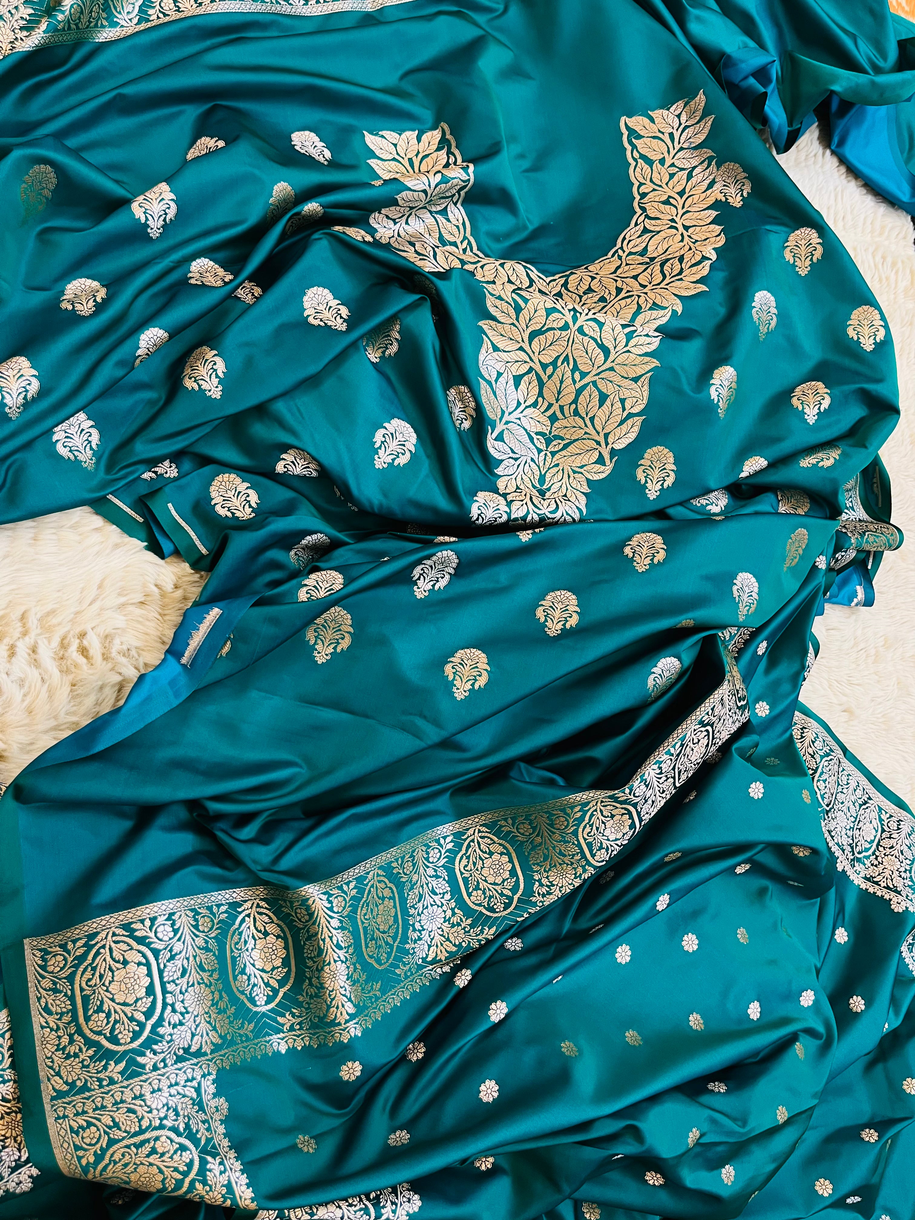 Banarasi Mashru Katan Silk Suit Set | Silver Paisley Booti