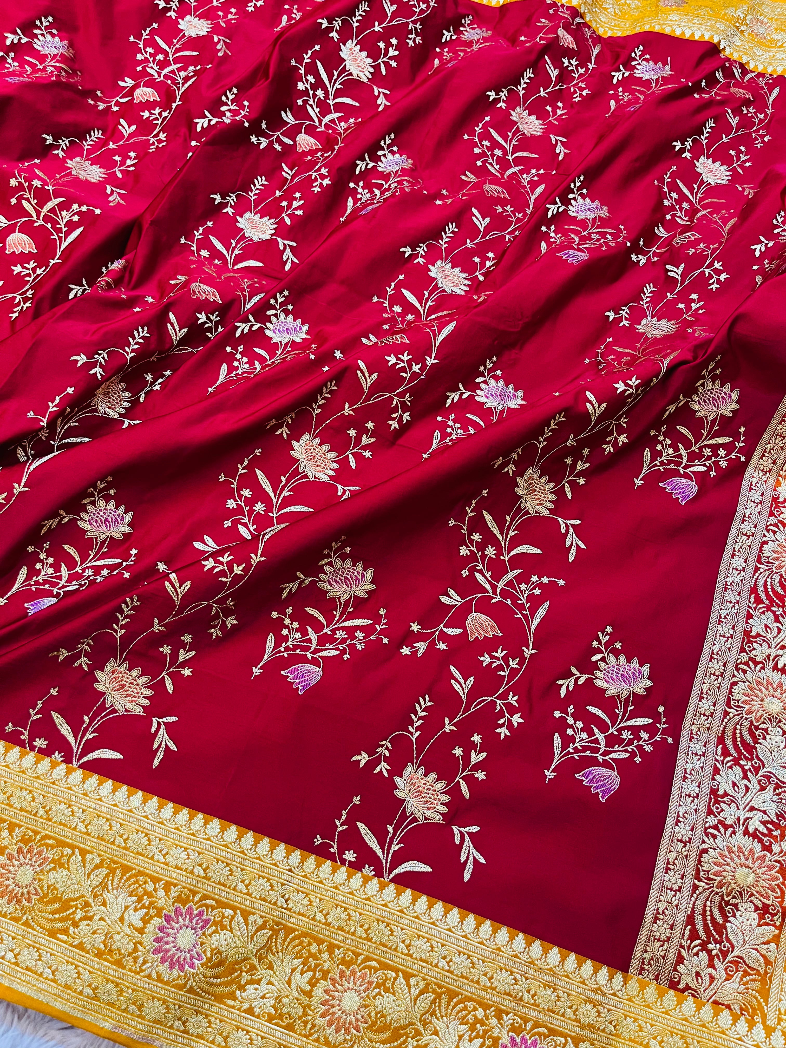Crimson Meadow – Red Banarasi Mashru Katan Silk Saree