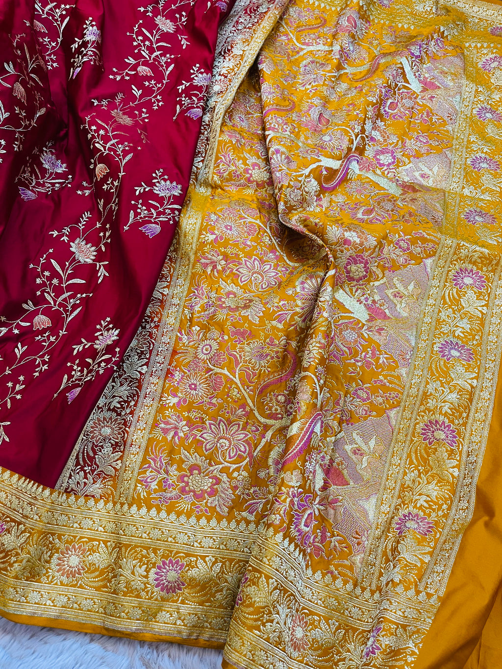 Crimson Meadow – Red Banarasi Mashru Katan Silk Saree