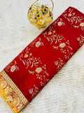 Crimson Meadow – Red Banarasi Mashru Katan Silk Saree