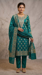 Banarasi Mashru Katan Silk Suit Set | Silver Paisley Booti