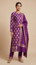 Royal Purple Banarasi Mashru Katan Silk Suit Set | Gold Paisley Booti