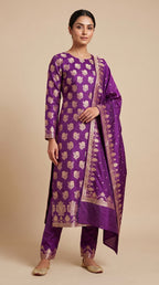 Royal Purple Banarasi Mashru Katan Silk Suit Set | Gold Paisley Booti