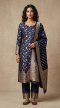 Royal Navy Banarasi Mashru Katan Silk Suit Set | Silver Floral Jaal