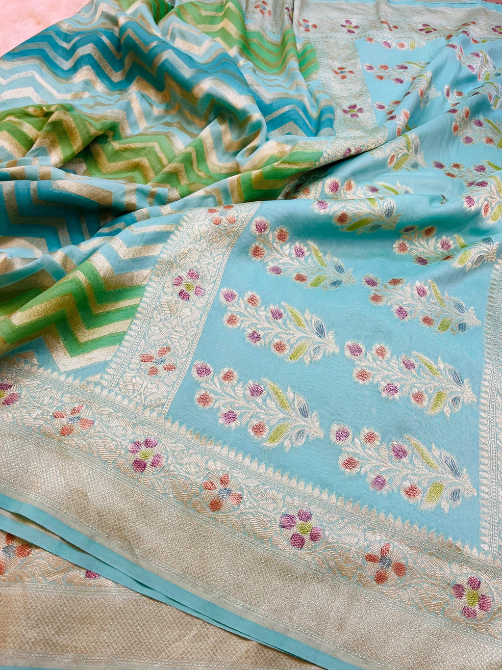 Pure Banarasi Luxury Crepe Silk Saree with Hand Brush Paint, Chevron Zari Weave & Meenakari Booti