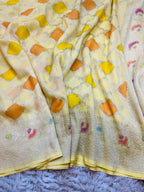 Yellow Hand Brush Painted Banarasi Crepe Silk Saree