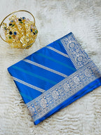 Pure Banarasi Mashru Katan Silk Saree with Diagonal Zari Stripes & Floral Border
