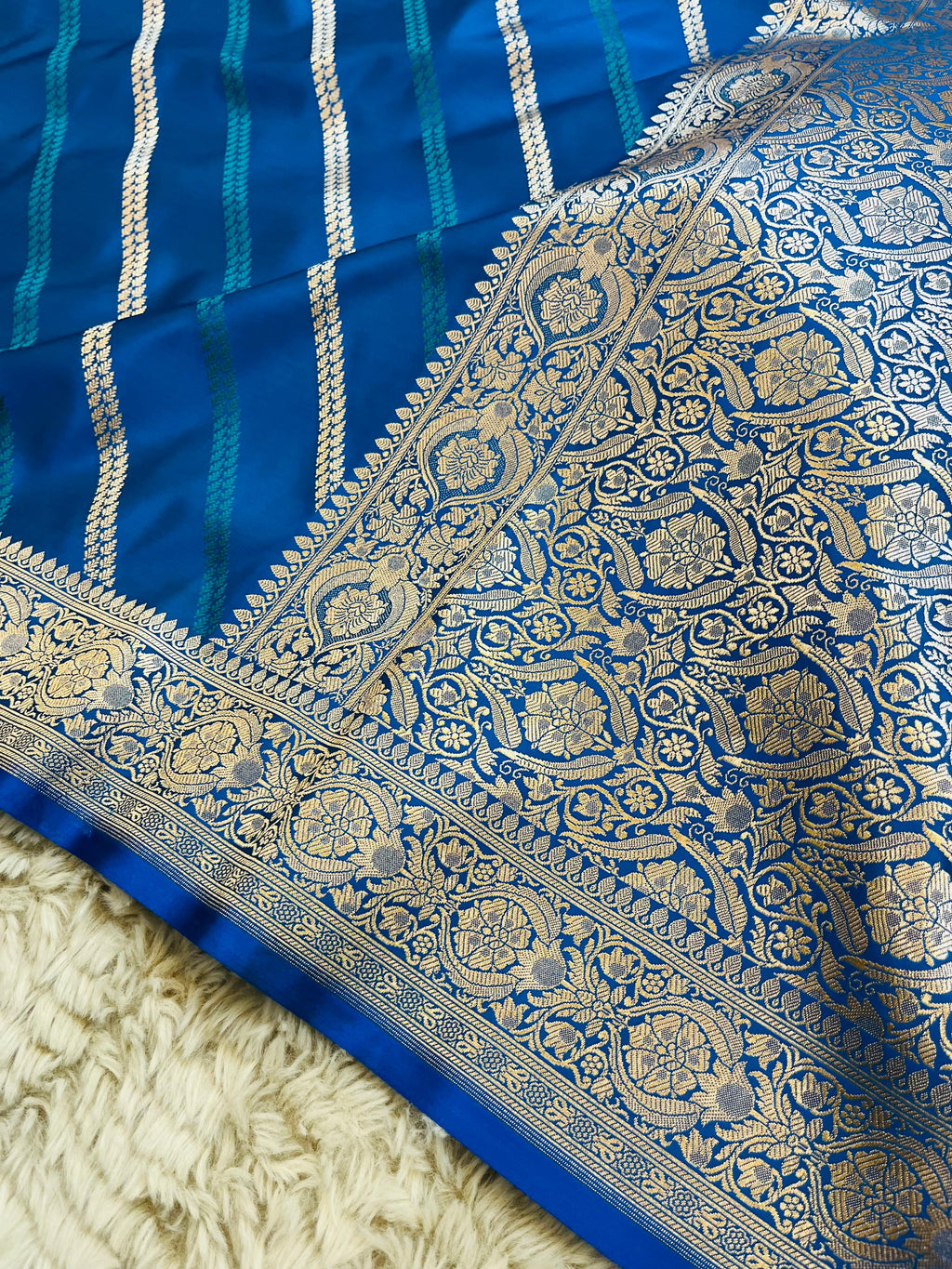 Pure Banarasi Mashru Katan Silk Saree with Diagonal Zari Stripes & Floral Border