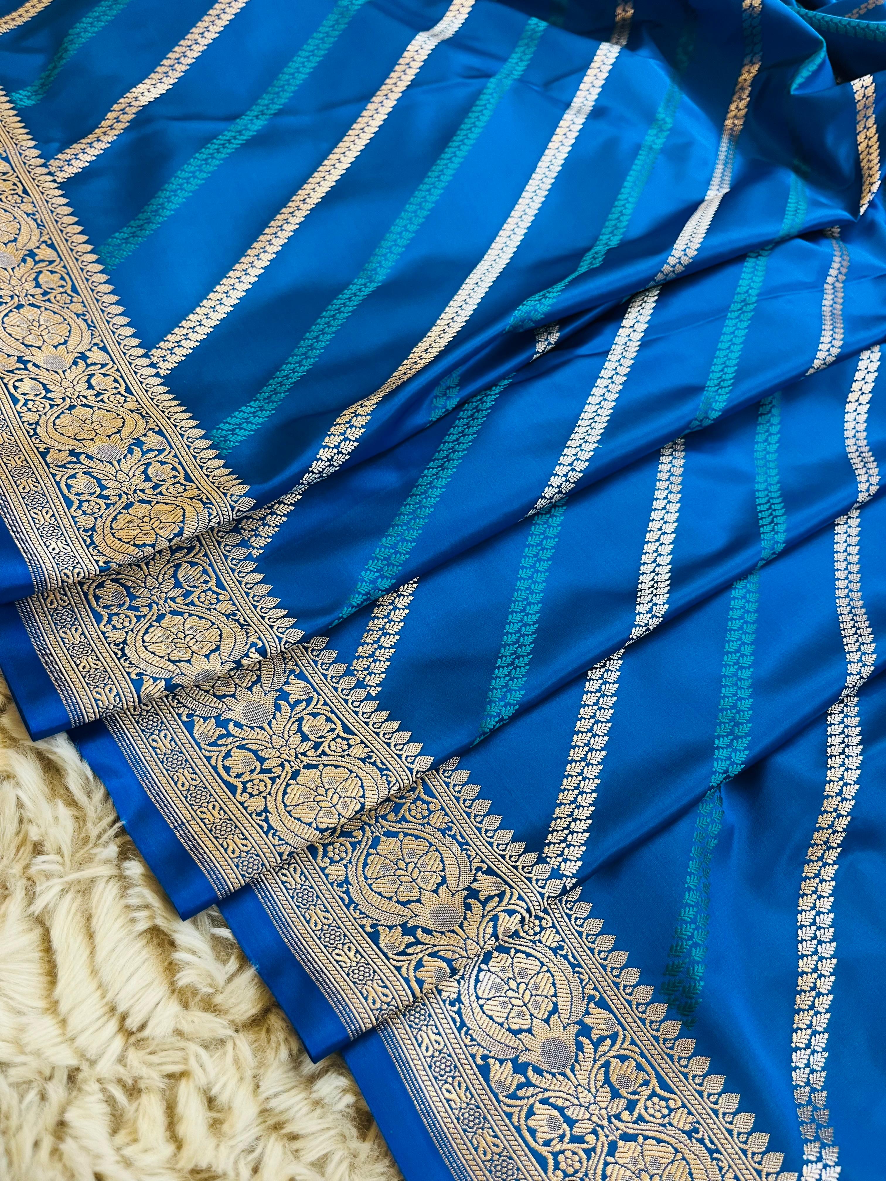 Pure Banarasi Mashru Katan Silk Saree with Diagonal Zari Stripes & Floral Border