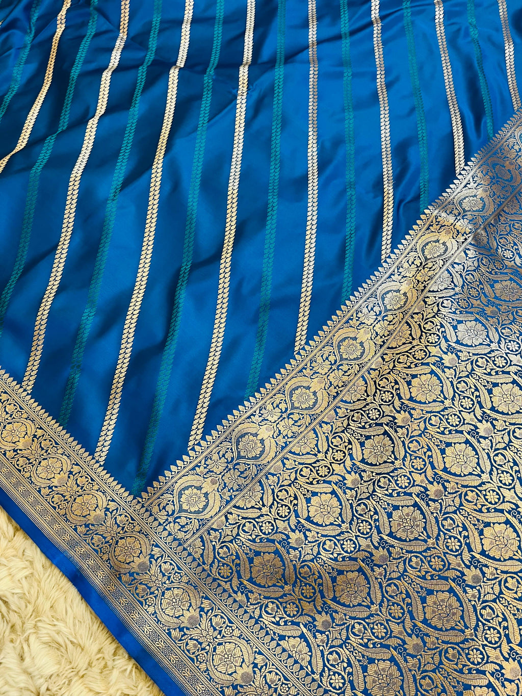 Pure Banarasi Mashru Katan Silk Saree with Diagonal Zari Stripes & Floral Border