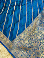 Pure Banarasi Mashru Katan Silk Saree with Diagonal Zari Stripes & Floral Border