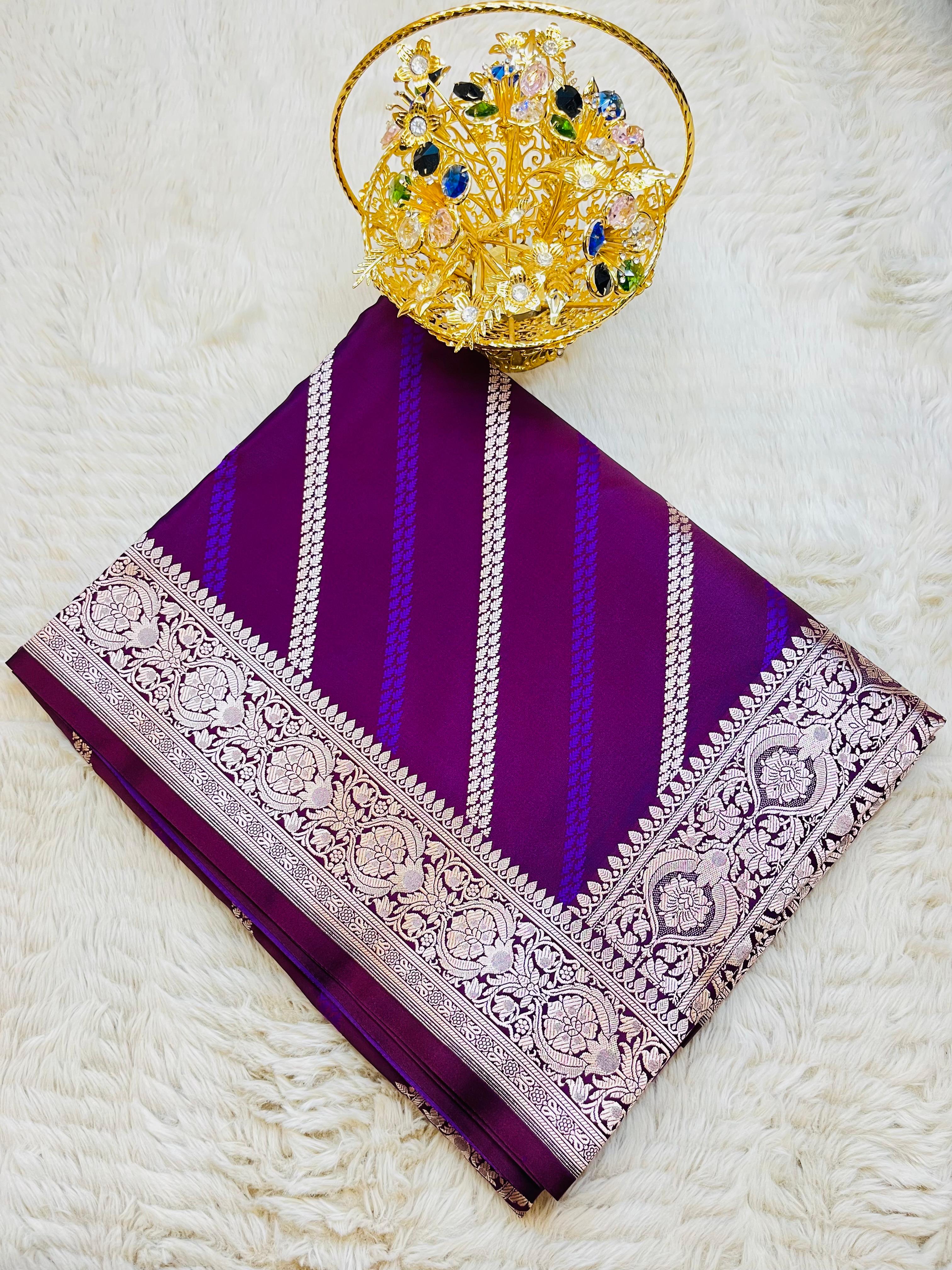 Pure Banarasi Mashru Katan Silk Saree with Diagonal Zari Stripes & Floral Border