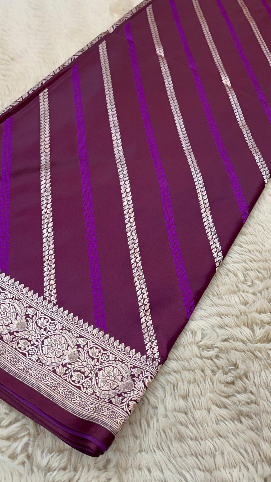 Pure Banarasi Mashru Katan Silk Saree with Diagonal Zari Stripes & Floral Border