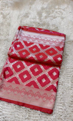 Scarlet Red Pure Banarasi Silk Saree with Silver Zari Jaal Weave & Chevron Border