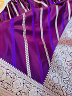 Pure Banarasi Mashru Katan Silk Saree with Diagonal Zari Stripes & Floral Border